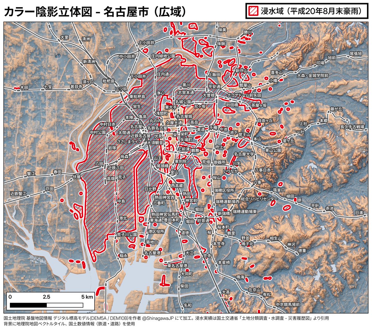 ShinagawaJP's tweet photo. この地図は周囲より低いところを寒色、高いところを暖色で彩った陰影図です。 
栄は標高13m、新栄町は10m。
そんなところでも普通に冠水するわけですから、標高0～3m地帯を塗りつぶして「ほら、大都市は危ないでしょう」と語るのがいかにナンセンスなのか分かります。 https://t.co/qhI1CVavRf