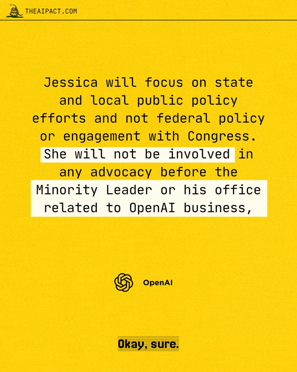 TheAIPACT's tweet photo. Sen. Chuck Schumer's daughter has been hired by OpenAI in a role focused on policy lobbying in the Northeast. 

Nothing to see here... https://t.co/MHm8rHw9OM