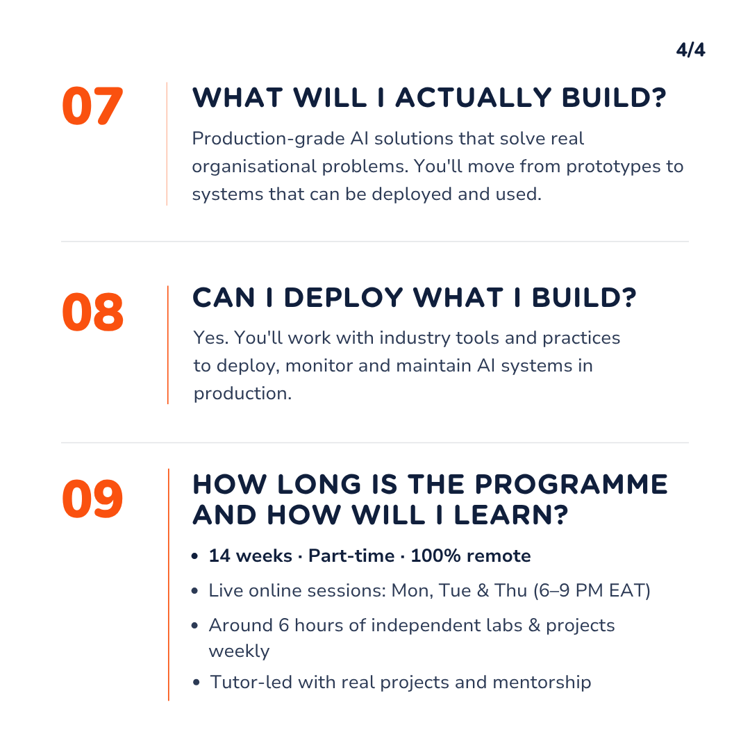 moringaschool's tweet photo. Thinking about moving into Applied AI Engineering?
We’ve answered some of the key questions. Swipe through to see if Applied AI Engineering is the right next step for you. 👇
Explore the programme: https://t.co/la6SKAeYAA
#AppliedAIEngineering #AIEngineering #Moringa https://t.co/9dCWfHesbd