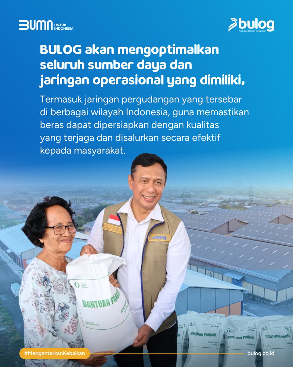 PerumBULOG's tweet photo. Presiden Prabowo Subianto resmi memerintahkan perpanjangan Bantuan Pangan Beras untuk periode Oktober hingga Desember 2026. Keputusan ini diambil dalam Rapat Terbatas bersama jajaran Menteri Kabinet Merah Putih di Istana Merdeka.

Sebagai garda terdepan, Perum BULOG siap mengoptimalkan jaringan pergudangan di seluruh wilayah Indonesia demi memastikan kualitas beras tetap terjaga dan tersalurkan dengan tepat sasaran.

#BantuanPanganBULOGTepatSasaran #BULOGBersamaMasyarakat #BantuanPanganBULOG #BULOG #MengantarkanKebaikan