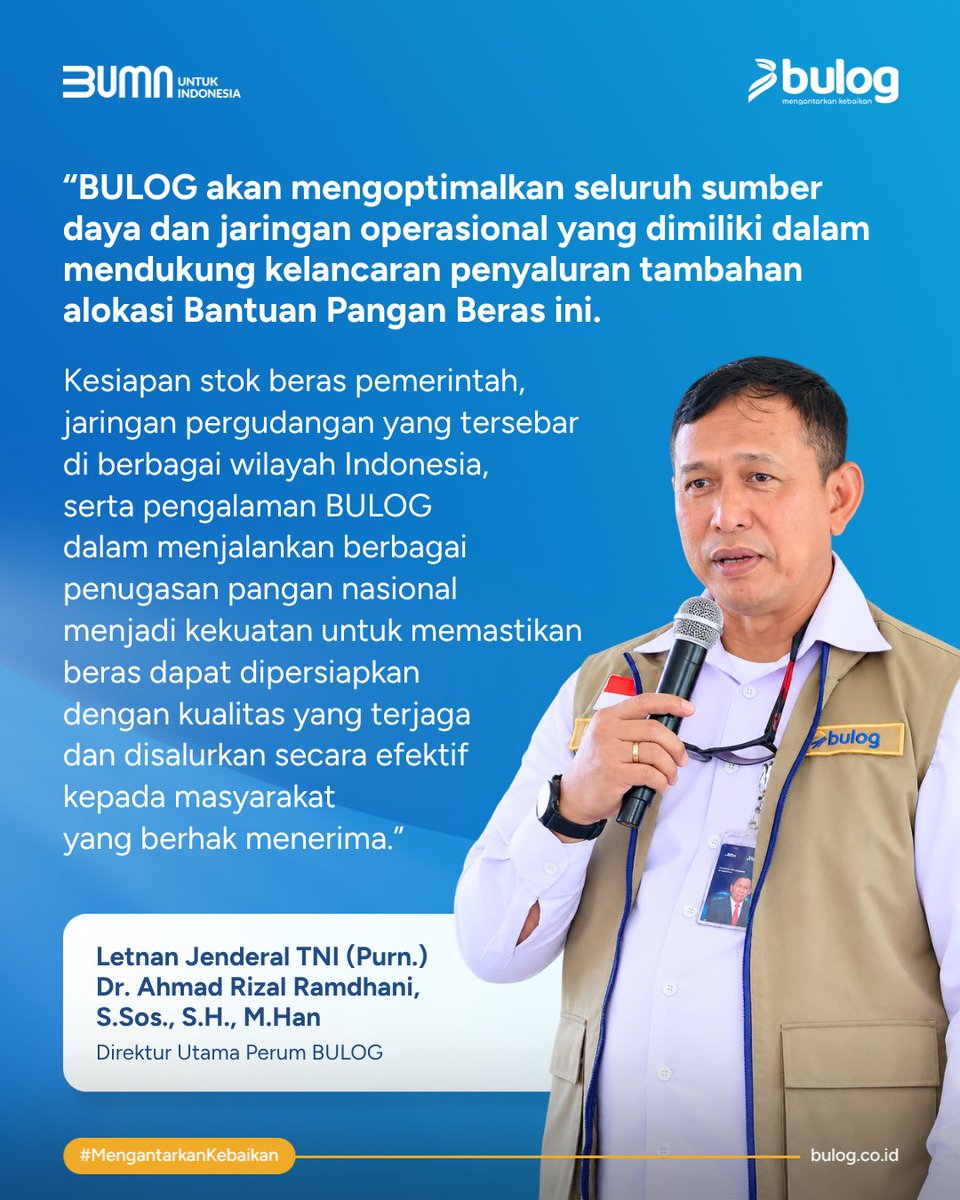 PerumBULOG's tweet photo. Direktur Utama Perum BULOG, Letnan Jenderal TNI (Purn) Dr. Ahmad Rizal Ramdhani, S.Sos., S.H., M.Han., menegaskan bahwa stok beras BULOG dalam kondisi aman dan siap disalurkan kepada masyarakat yang berhak. https://t.co/GR8gMqzZ5f