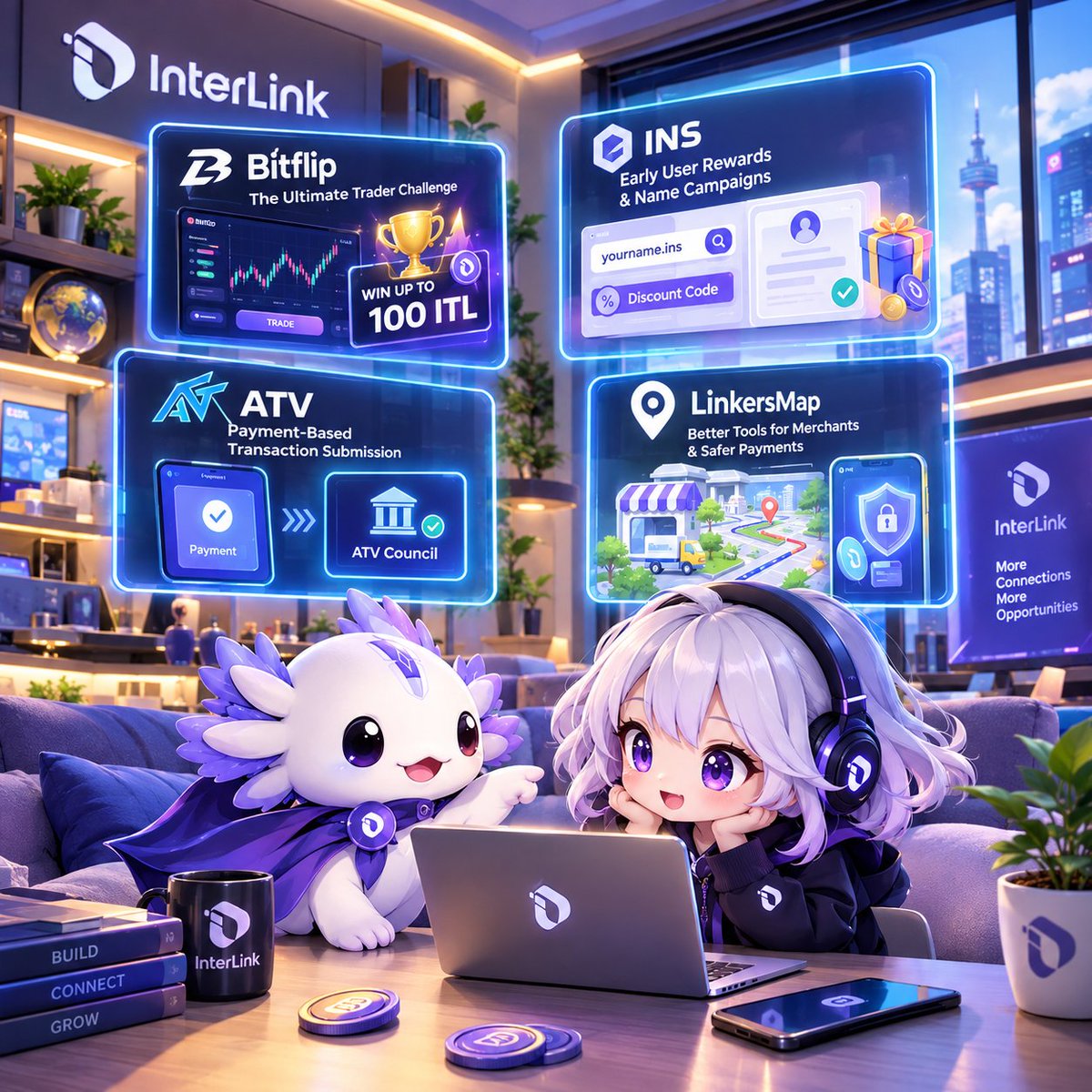 Xiomei1999's tweet photo. Four dApps, more ways to participate. Bitflip brings trading challenges, INS offers early-user rewards, ATV simplifies transactions, and LinkersMap strengthens merchant payments across the InterLink ecosystem. #InterLink #ITLG #ITL https://t.co/YU9rkDiw4k