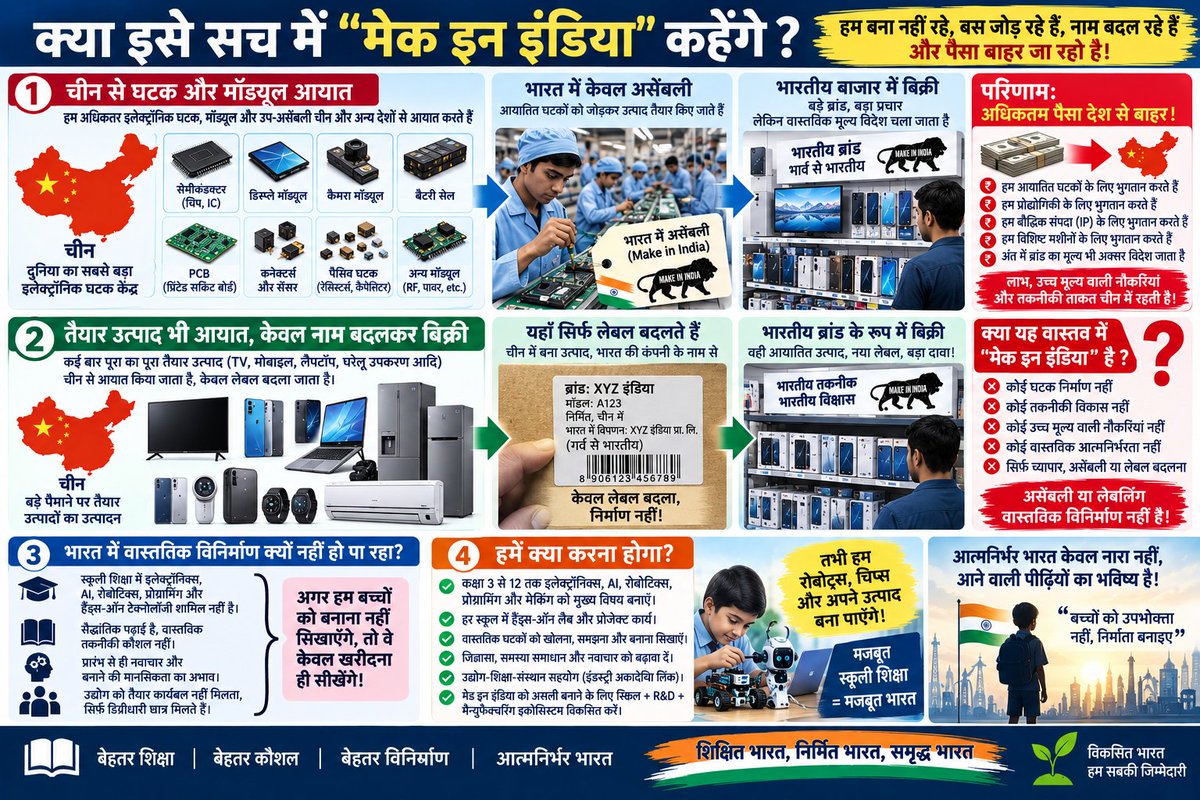indiacityguide's tweet photo. Assembly is not Manufacturing.

Branding is not Innovation.

Real Make in India begins when India makes the Components, the Technology—and the next generation of Technology Creators

#स्कूल_ठीक_करेंगे
@TVKVijayHQ 
@rajeduofficial 
@narendramodi 
@BJP4India 
@BhajanlalBjp
@RSSorg https://t.co/0utDatQyu7