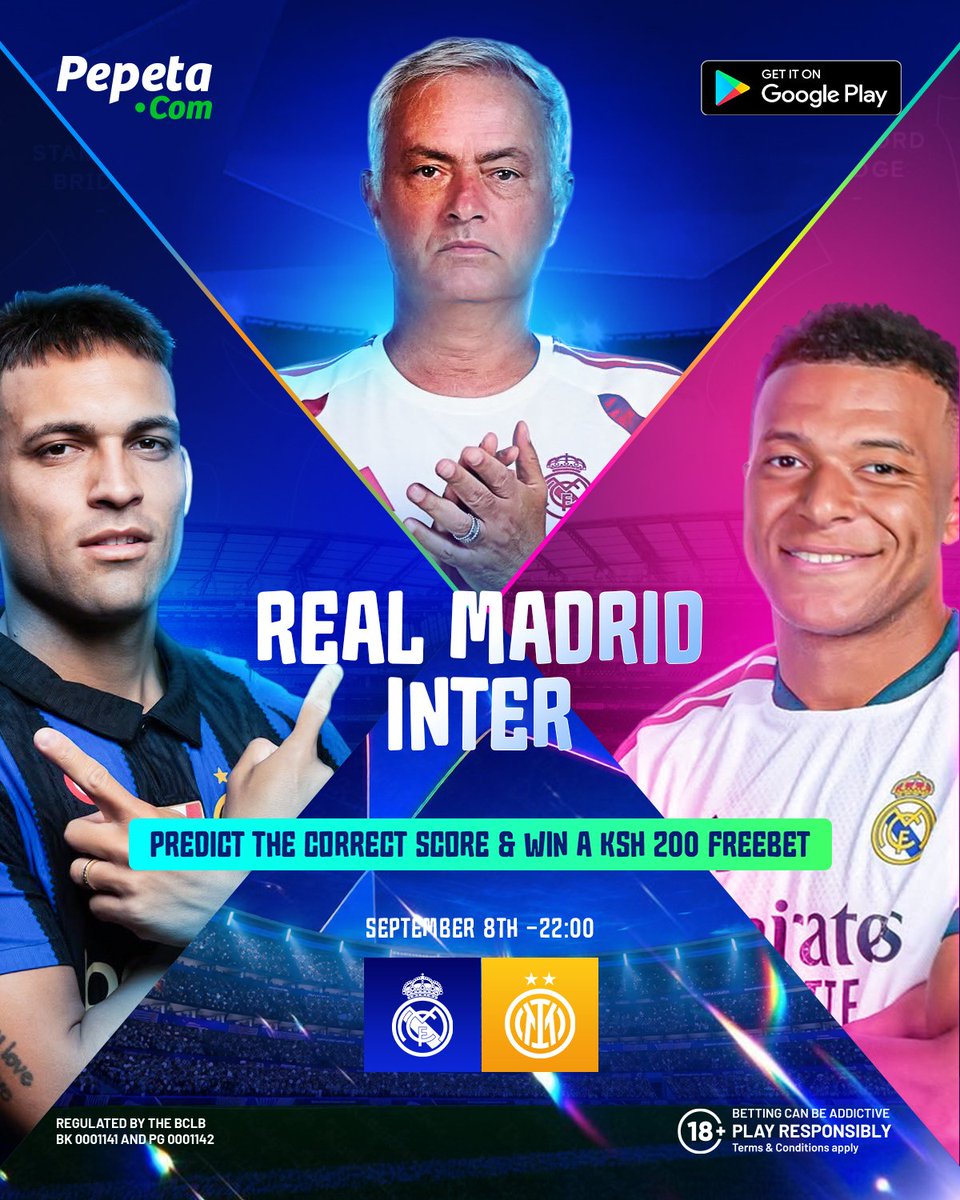 pepeta_bet's tweet photo. Real Madrid wamekuwa wakifanyia Inter mambo kwa hii rivalry 😮‍💨

Lakini leo ni Champions League… past form ama new chapter? 👀🏆

Los Blancos wataendelea kutawala, ama Inter watawapiga suprise? 🥶⚔️

Predict the CORRECT SCORE for a chance to win 200BOB FREEBET 

T&C's
1. You MUST share this post
2. Answers posted after kickoff time WILL NOT be considered
3. One comment/answer per account
4. Edited comments will be disqualified
5. You MUST have a Pepeta account 

Trivia ends today by 9.58pm