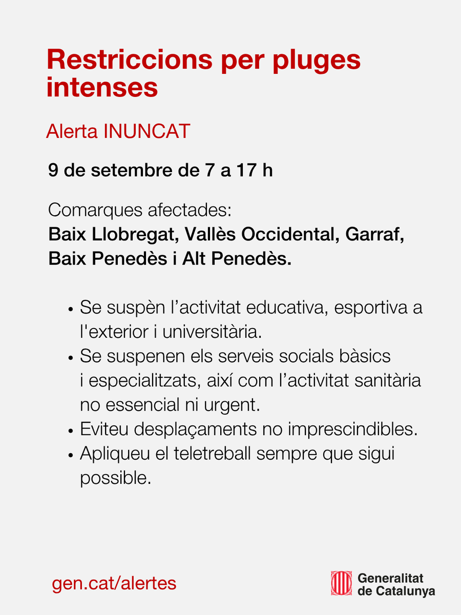 gencat's tweet photo. 🔴 Davant la previsió de pluges intenses previstes per aquest dimecres, establim mesures especials al Baix Llobregat, Vallès Occidental, Garraf, Baix Penedès i Alt Penedès.  

Eviteu els desplaçaments no imprescindibles.

https://t.co/pjDShHF435 #INUNCAT #AlertaCat https://t.co/FhQrle8ekX