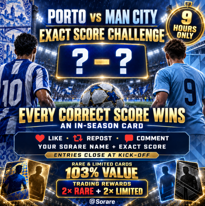 PawelTrader_'s tweet photo. ⚽ PORTO vs MAN CITY — EXACT SCORE CHALLENGE!

❤️ Like
🔁 Repost
💬 Comment your Sorare name + exact score
Every correct prediction wins an card! 🏆

🔥 My Rare & Limited cards at 103% value
🎁 Trading rewards: 2× Rare + 2× Limited

⏳ 9 hours only — entries close at kick-off!

Lets play @Sorare !