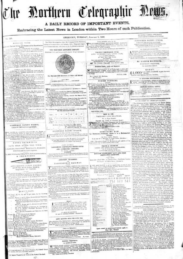 A vintage front page of "The Northern Telegraphic News" dated January 1, 1856. The layout includes multiple columns with dense text, covering various news articles, advertisements, and announcements. The text is in a classic serif font, typical of newspapers from the 19th century.