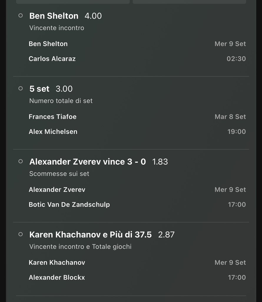 DarkOddsX's tweet photo. Q.F. Us Open 🇺🇸☀️🎾

-Shelton Ml
-Tiafoe - Alex Over 4.5 Set
- Zverev 3-0 
- Kachanov Ml &amp; Over 37.5 Games

68/70x (Bet365) 🍀🥷💰 https://t.co/CNn1l8T8u3