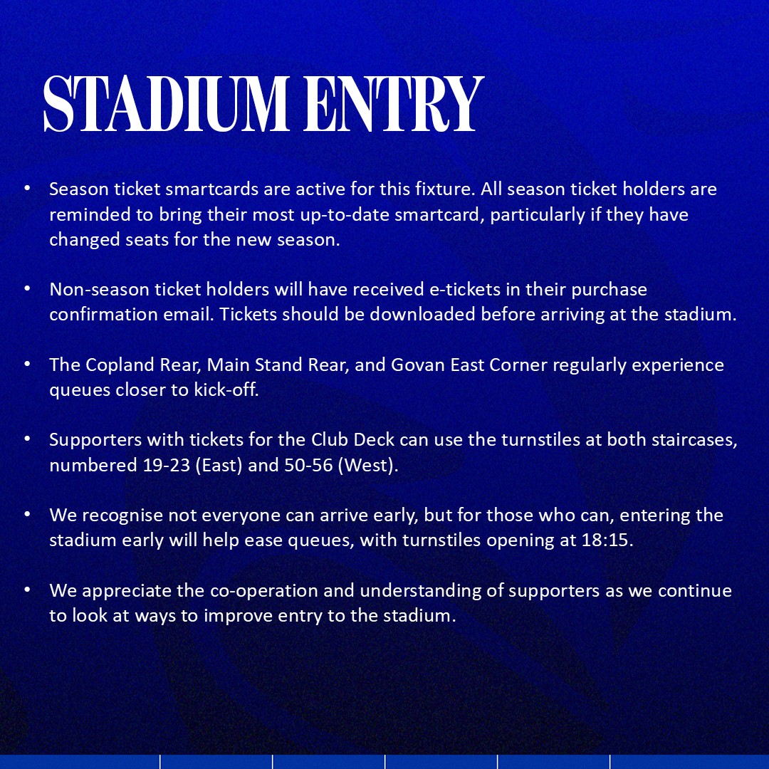 RangersFC's tweet photo. ℹ️ Supporter Information | St Mirren (H)

📋 All the important information ahead of tomorrow night’s match at Ibrox.

📲 Full supporter information | https://t.co/v1YmoYBgHM https://t.co/eA3XrBODHt