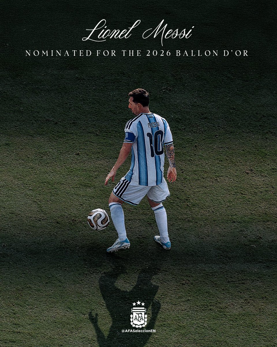 AFASeleccionEN's tweet photo. Lionel Messi, nominated for the Ballon d’Or 🔟✨ https://t.co/qU4tlntS9T
