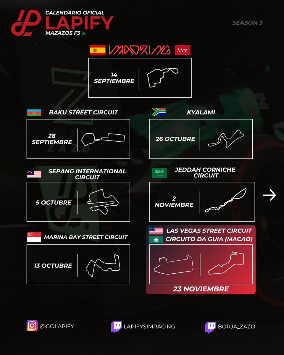 GoLapify's tweet photo. Después del descanso, volvemos a pista. 🏁

La Season 3 de la Lapify F3 en Assetto Corsa ya tiene calendario.

Nueva temporada, nuevos circuitos y muchas ganas de volver al ruedo junto a @borja_zazo.

📅 Este es el calendario.

#AssettoCorsa #SimRacing #Lapify #F3 https://t.co/TpaaMHB7H6