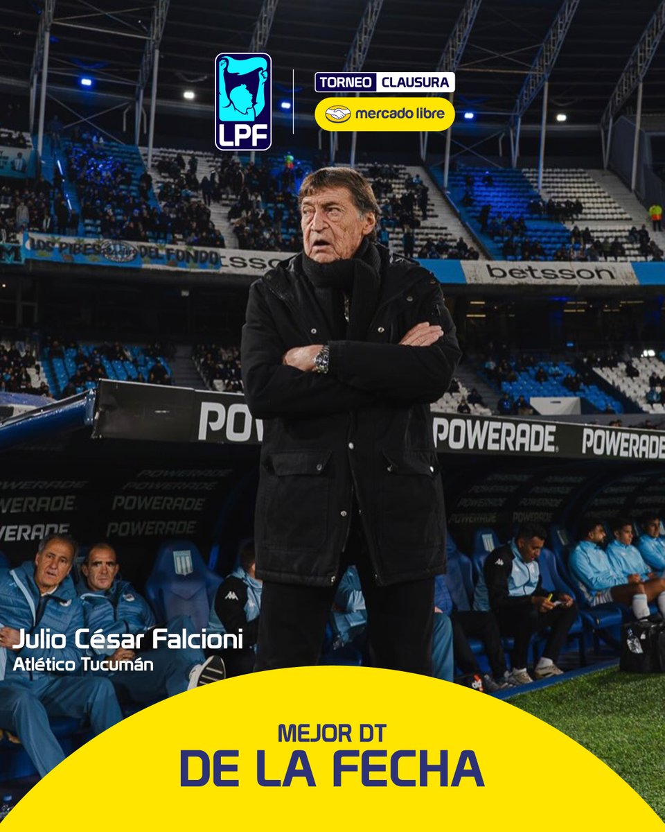 LigaAFA's tweet photo. El #MejorDT de la #Fecha8 llega con @ML_Argentina ➡️ Julio César Falcioni, de @ATOficial 🫡

El Decano venció a Racing de visitante y quedó 4° en la Zona B del #TorneoMercadoLibre 2026 🏆 https://t.co/hbdYKgbvQS