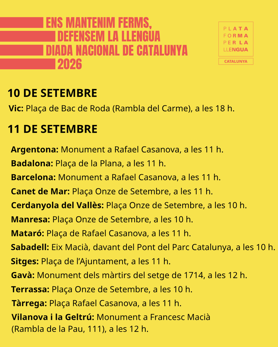 llenguacat_CAT's tweet photo. 📢 ENS MANTENIM FERMS, DEFENSEM LA LLENGUA

Com cada any, Plataforma per la Llengua tornem a sortir al carrer amb motiu de la Diada Nacional de Catalunya. https://t.co/Nw5kfY37YE