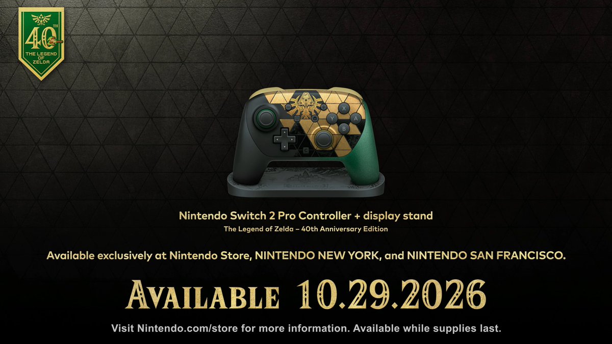 Wario64's tweet photo. Nintendo Switch 2 Pro Controller + display stand (Zelda Ocarina of Time) will be exclusive to Nintendo Store if you want a display stand 

controller should be available at other stores https://t.co/HUELSuia77