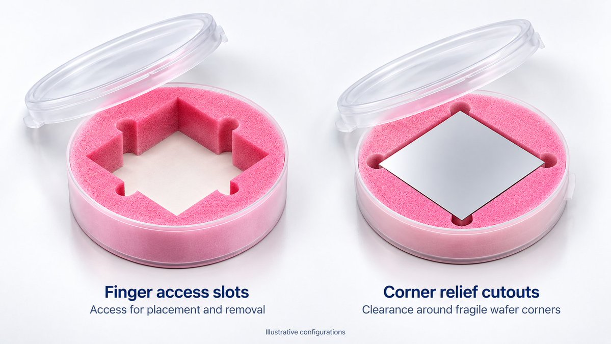MalasterCompany's tweet photo. Small cutouts. Different jobs.

Side slots provide access for wafer placement and removal. Corner relief gives fragile wafer corners clearance.

See how foam, separators, and fit work together in wafer jar packaging:

https://t.co/VWvIpC910s https://t.co/AZi3XEO1OU