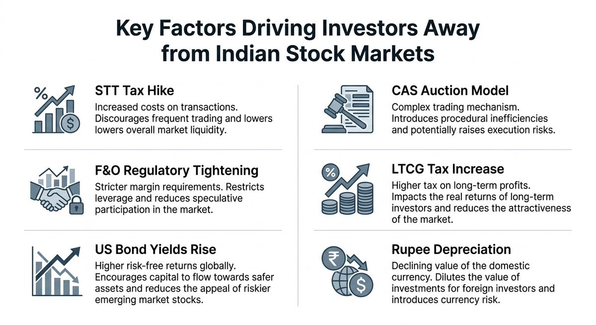 TrendOurFriend's tweet photo. Investors flee Indian markets due to STT hikes on F&amp;O, LTCG raised to 12.5%, STCG to 20%. SEBI’s strict lot sizes, CAS auction volatility, rising US bond yields, and weak Rupee drive capital out. Heavy taxes and tight rules choke liquidity. Agree? https://t.co/Aiq7190008