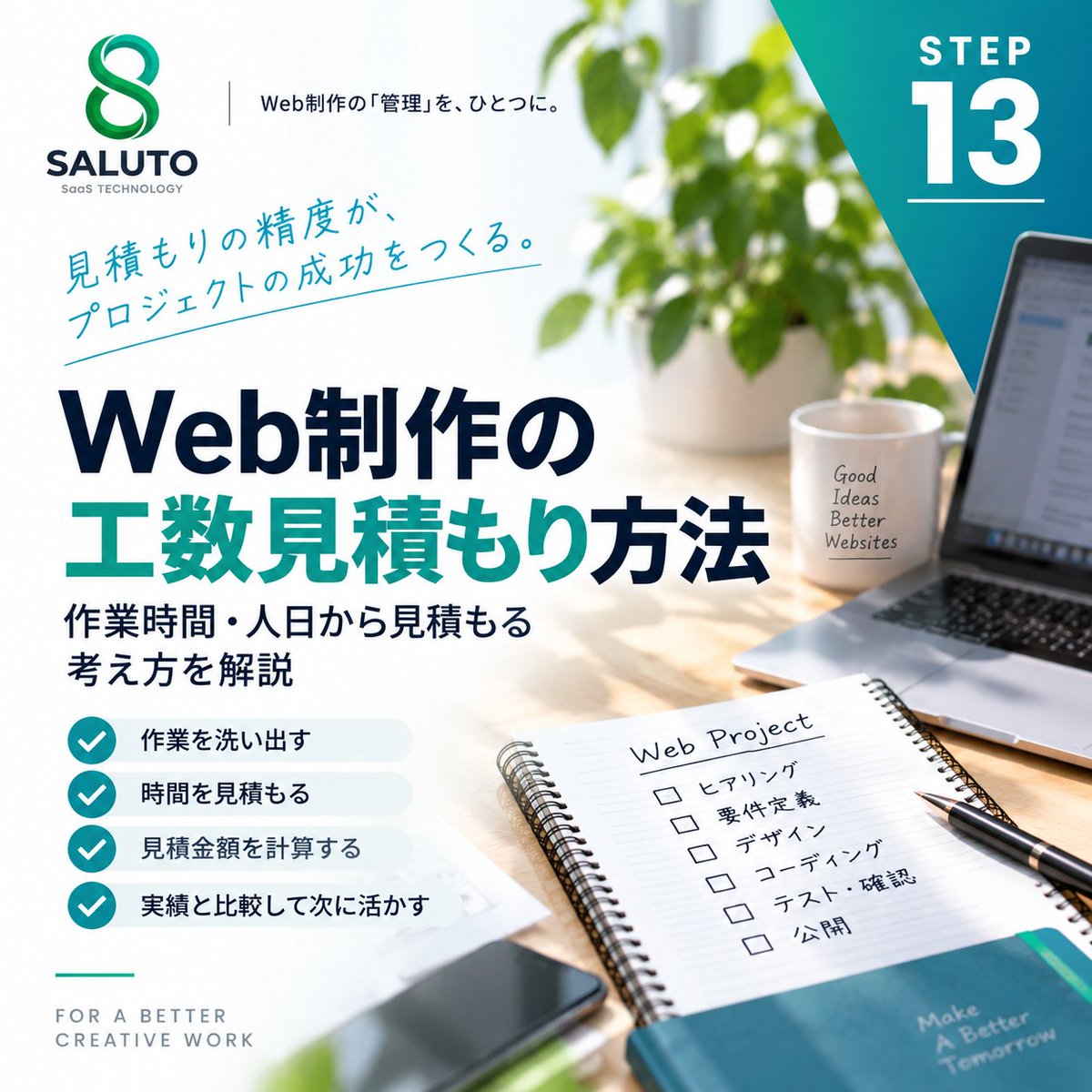 saluto_saas's tweet photo. 1案件に、何時間使っていますか？
見積40時間 → 実績55時間。
この「+15時間」が分からないままでは、次の見積もりも感覚頼りになりがちです。
作業を洗い出す
→ 工数を見積もる
→ 実績を記録する
→ 差を見る
Web制作の工数見積もりについて解説します。
#SALUTO #Web制作 #工数管理 https://t.co/USktBDG6PR
