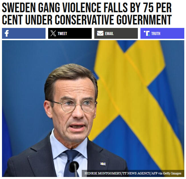 GuntherEagleman's tweet photo. 🚨 WOW! Sweden’s gang violence just fell by 75 PERCENT under a conservative government

Prime Minister Ulf Kristersson. Conservative leadership. Crime headed DOWN.

THIS IS THE WAY!

The open-borders experiment blew up Swedish streets with gangs and chaos. Then conservatives took the wheel and the violence chart finally moved the right direction. Seventy-five percent. Not vibes. Results.

Europe’s soft-on-crime left said toughness was “far right.” Sweden’s numbers say otherwise. Enforce the law. Secure the country. Watch the body count drop.

America should take notes.

LAW AND ORDER WORKS