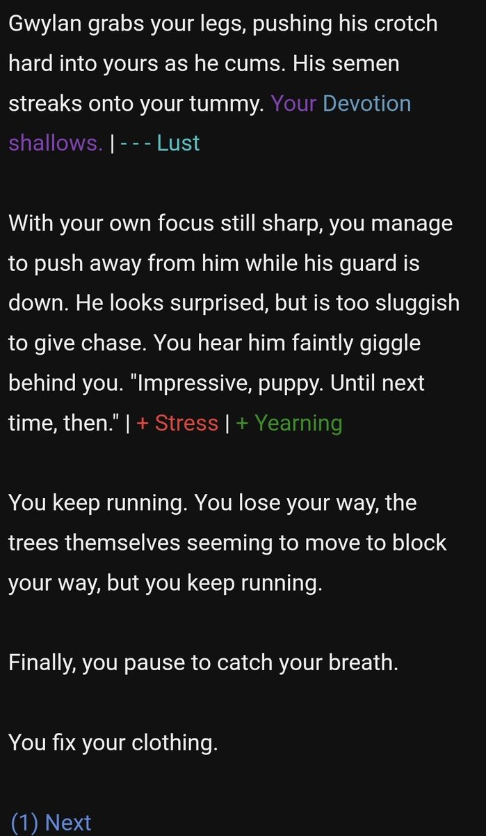 romanticspiral's tweet photo. #dol #gwylan i haven't seen these sc's get posted so here- this scene results from getting hunted down by gwylan after not doing the ritual for a bit, and can be gotten by both hunting methods, but devotion needs to be low to resist (as seen by the willpower check) (1/2) https://t.co/ahte4sgoPK