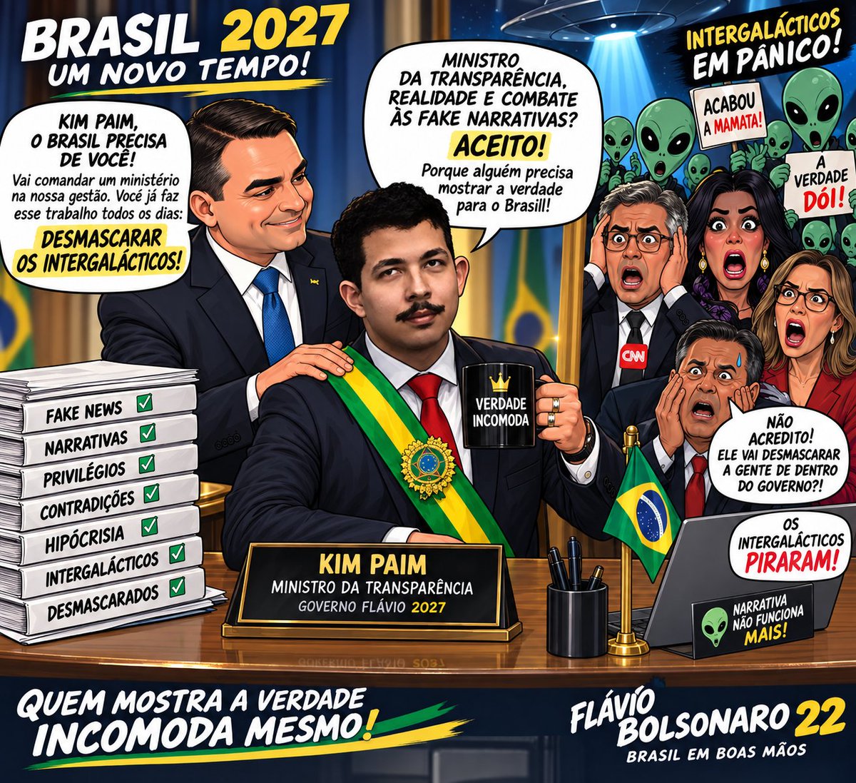 Vandsonlima3's tweet photo. 🚨 URGENTE! 😂
No governo Flávio 2027, @kimpaim já tem cargo: Ministro da Transparência e Combate às Narrativas.
Missão: desmascarar os intergalácticos. 👽📂
Tem gente pedindo aposentadoria antes da posse! 😂
#KimPaim #FlávioBolsonaro #Brasil2027 https://t.co/p5brw921Y7