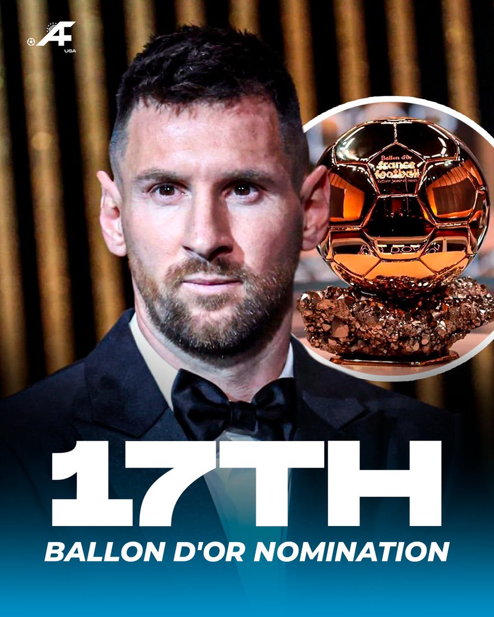 AtaqueFutbolUSA's tweet photo. Lionel Messi is nominated for the Ballon d'Or once again. After missing out on the 2024 and 2025 editions, he makes his return following a great World Cup.

With 17 nominations, he breaks his own record again and becomes the most nominated player in history.

One of a kind and irreplaceable.