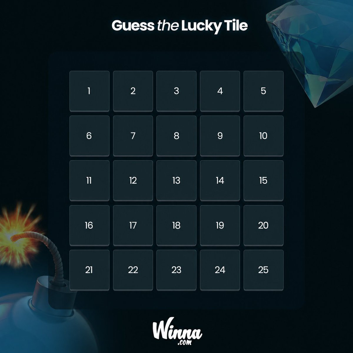 Winna's tweet photo. You guys know I simply obey what you tell me (sometimes)

Let's get fully back at the lucky tiles, this time with Mines! 

Choose 3 tiles between 1 and 25. 

5 of you who choose the right one will get $20! RT + ❤️ + tag 3 + drop your Winna ID &amp; GL :) https://t.co/y2bZL1h2oz