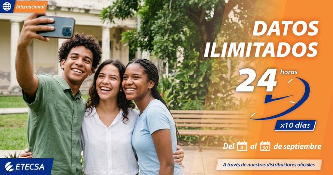 mayrelisgonzal7's tweet photo. ✨Clientes de nuestros Distribuidores internacionales que reciban una recarga del 4 al 30 de septiembre, entre 500 CUP y hasta 1 250 CUP, podrán disfrutar de Datos Ilimitados por 24 horas, válidos por 10 días.  #RecargaInternacional #EtecsaConCuba #Mayabeque https://t.co/QKxYqlv9C7