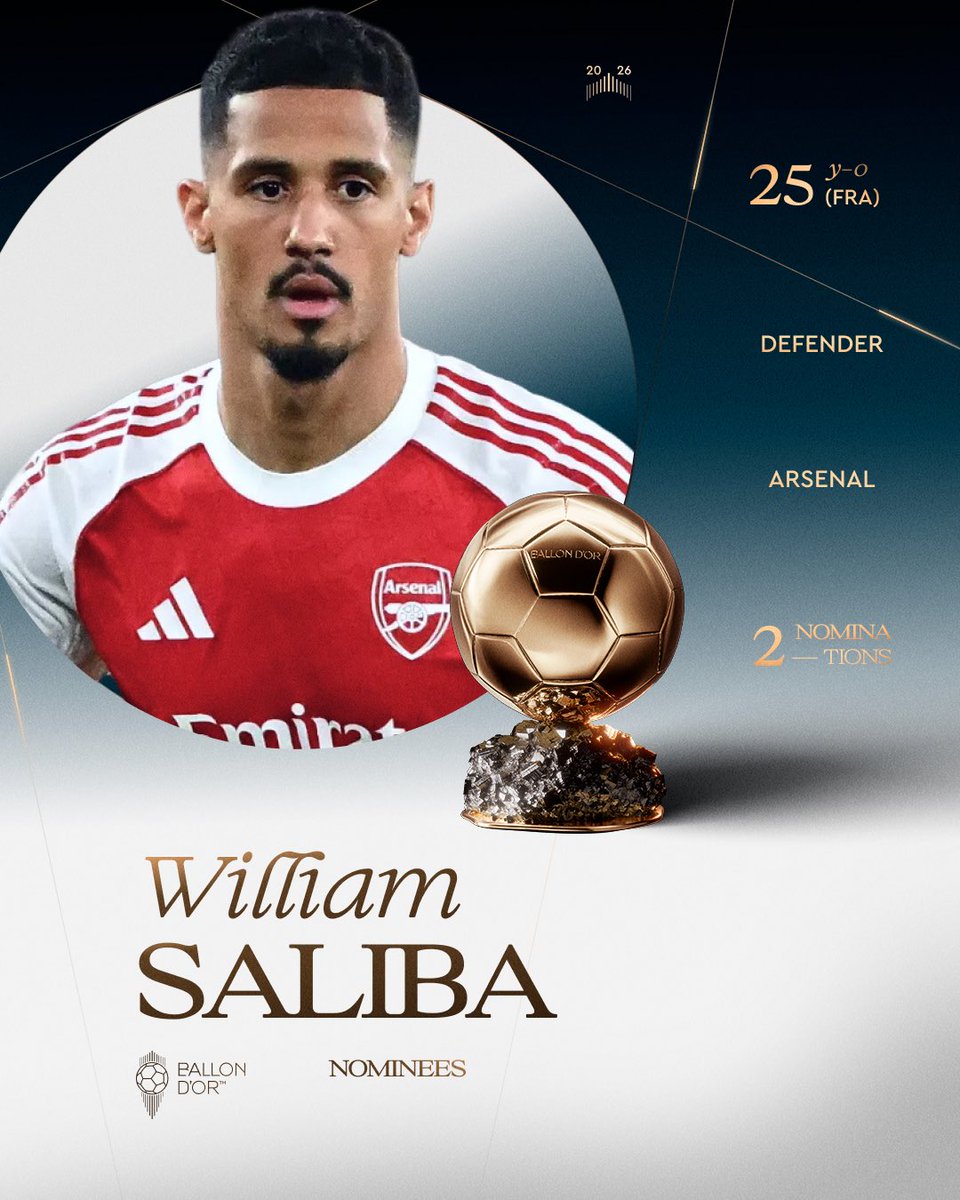 afcstuff's tweet photo. 🚨 𝐎𝐅𝐅𝐈𝐂𝐈𝐀𝐋: William Saliba, Gabriel Magalhães &amp; Declan Rice have all been nominated among the 30-man shortlist for the 2026 @ballondor. ✅🏆 https://t.co/WVimvdrfM7