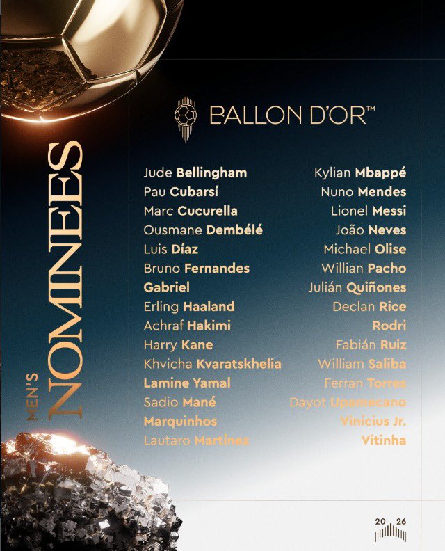 diegonoticia's tweet photo. 🏆 Los nominados al Balón de Oro masculino 2026:

🏴 Jude Bellingham — Real Madrid
🇪🇸 Pau Cubarsí — FC Barcelona
🇪🇸 Marc Cucurella — Chelsea/Real Madrid
🇫🇷 Ousmane Dembélé — Paris Saint-Germain
🇨🇴 Luis Díaz — Bayern Múnich
🇵🇹 Bruno Fernandes — Manchester United
🇧🇷 Gabriel — Arsenal
🇳🇴 Erling Haaland — Manchester City
🇲🇦 Achraf Hakimi — Paris Saint-Germain
🏴 Harry Kane — Bayern Múnich
🇬🇪 Khvicha Kvaratskhelia — Paris Saint-Germain
🇪🇸 Lamine Yamal — FC Barcelona
🇸🇳 Sadio Mané — Al-Nassr
🇧🇷 Marquinhos — Paris Saint-Germain
🇦🇷 Lautaro Martínez — Inter de Milán
🇫🇷 Kylian Mbappé — Real Madrid
🇵🇹 Nuno Mendes — Paris Saint-Germain
🇦🇷 Lionel Messi — Inter Miami
🇵🇹 João Neves — Paris Saint-Germain
🇫🇷 Michael Olise — Bayern Múnich
🇪🇨 Willian Pacho — Paris Saint-Germain
🇲🇽 Julián Quiñones — Al-Qadsiah
🏴 Declan Rice — Arsenal
🇪🇸 Rodri — Manchester City/FC Barcelona
🇪🇸 Fabián Ruiz — Paris Saint-Germain
🇫🇷 William Saliba — Arsenal
🇪🇸 Ferran Torres — FC Barcelona/Paris Saint-Germain
🇫🇷 Dayot Upamecano — Bayern Múnich
🇧🇷 Vinícius Jr. — Real Madrid
🇵🇹 Vitinha — Paris Saint-Germain