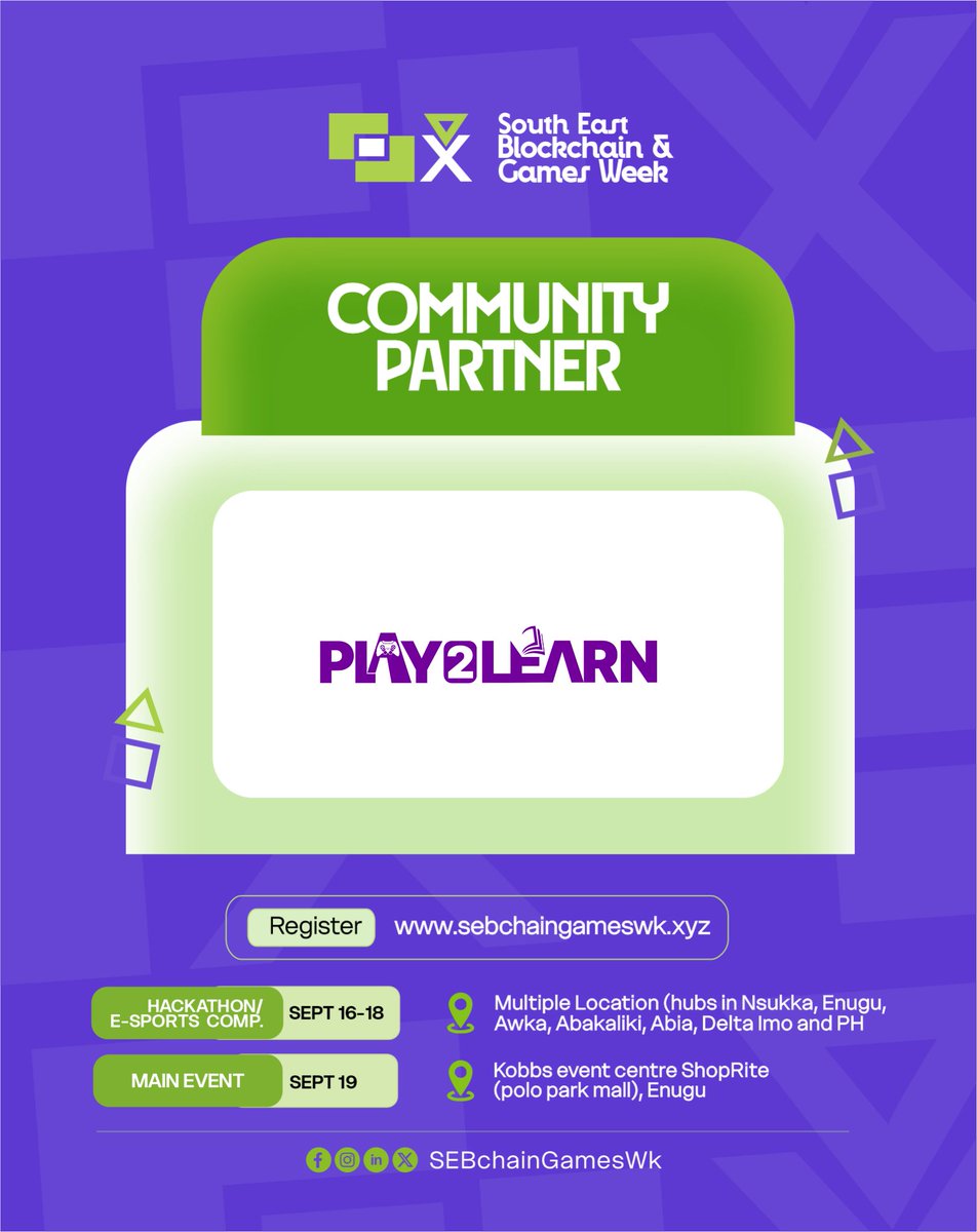 Web3Play2Learn's tweet photo. PARTNERSHIP ANNOUNCEMENT 💜

We are pleased to share with our community that we are officially a community partner for the upcoming South East Blockchain &amp; Games week happening in Enugu. 

Trust us to bring life, education, and nonstop gaming, to this beautiful event.🥳💜 https://t.co/OJnnonbf3w