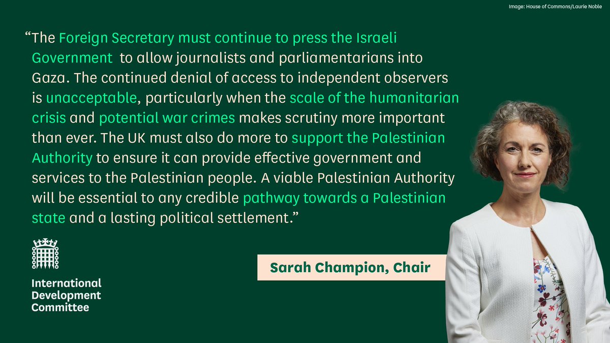 CommonsIDC's tweet photo. Our Chair @SarahChampionMP welcomes the Foreign Secretary's statement in the House of Commons today, including the announcement of new measures restricting trade in goods from illegal Israeli settlements. https://t.co/O14G77ALCW