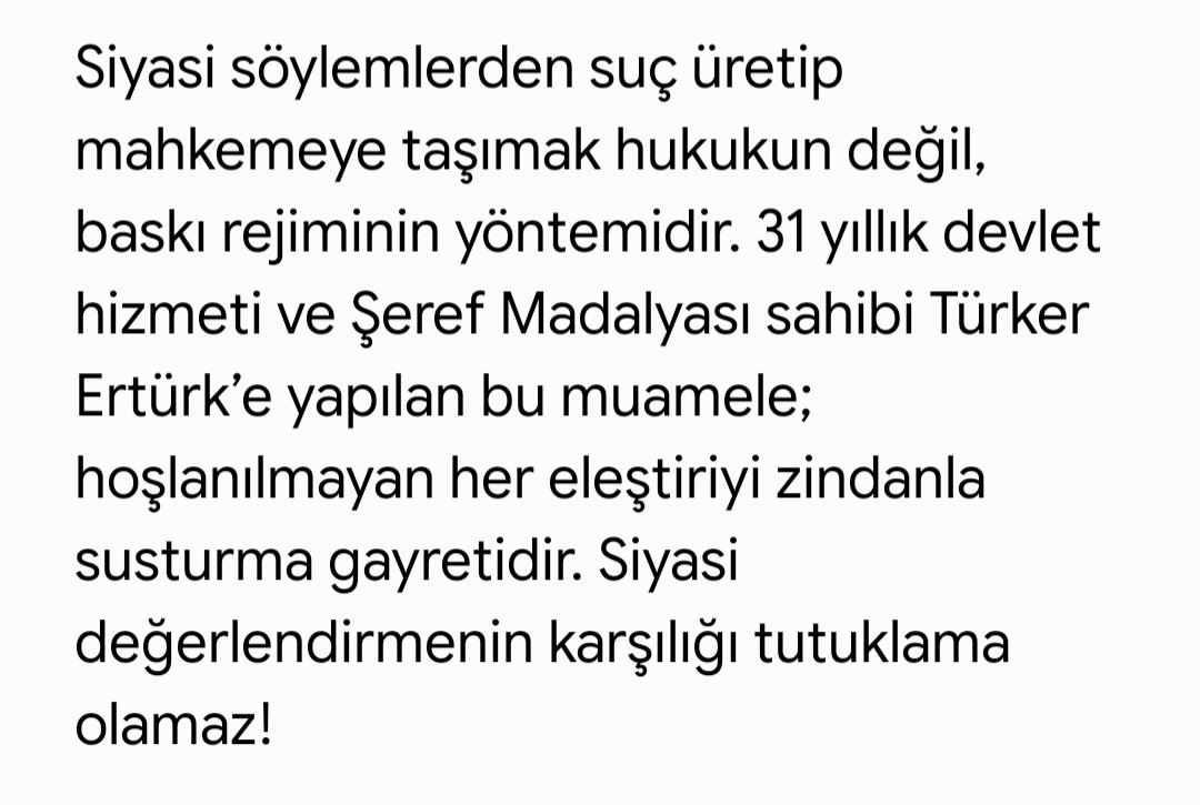 Arifisik0's tweet photo. @aliozgunduz Siyasi söylemlerden suç üretip mahkemeye taşımak hukukun değil, baskı rejiminin yöntemidir. 31 yıllık devlet hizmeti ve Şeref Madalyası sahibi Türker Ertürk’e yapılan bu muamele; hoşlanılmayan her eleştiriyi zindanla susturma gayretidir. https://t.co/V6o3zssgFo