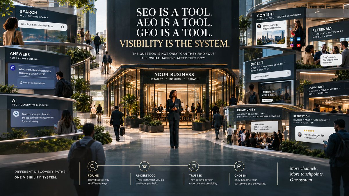 arkterasystems's tweet photo. SEO gets you found. 🔎
AEO gets you answered. ❓
GEO gets you seen by AI. 🤖
But visibility doesn't end at discovery.
FOUND → UNDERSTOOD → TRUSTED → CHOSEN

That's a Visibility System.

Tomorrow: Final Battle.

#VisibilitySystems #SEO #AEO #GEO https://t.co/Vi4mtUEtVM