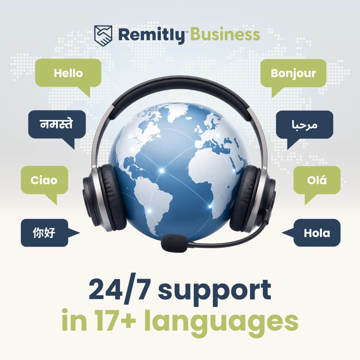 A globe with a headset symbolizes global communication. Speech bubbles around it display "Hello" in various languages. The image highlights "Remitly Business" and mentions "24/7 support in 17+ languages."