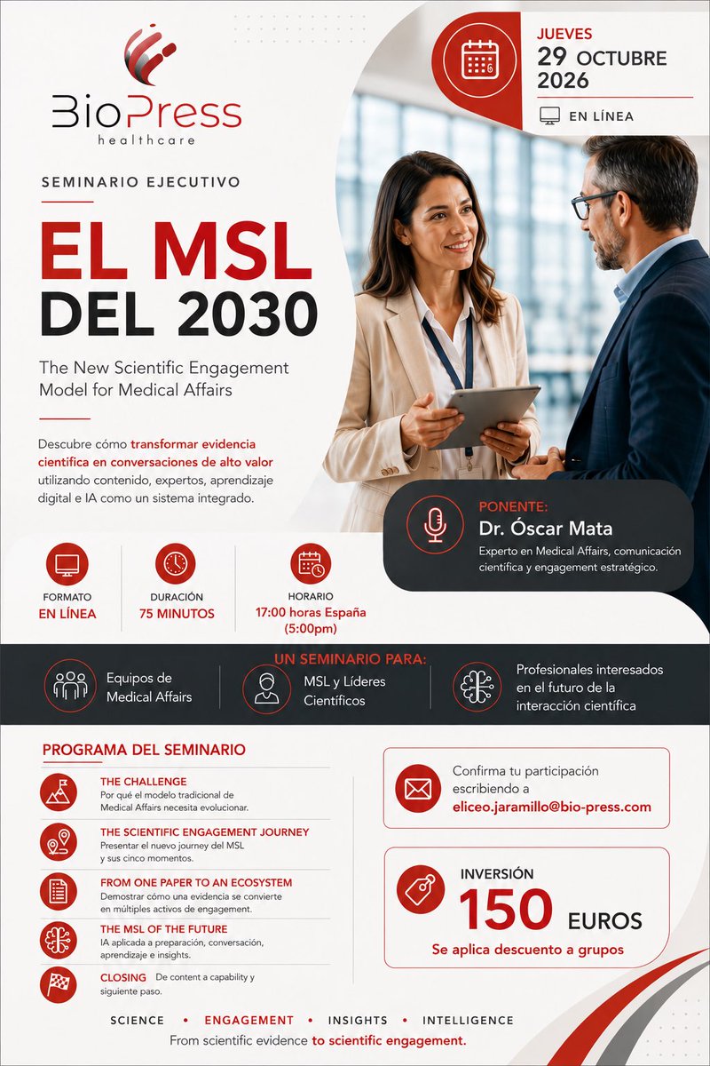 Bio_Press's tweet photo. ¿Cómo será el MSL del 2030?

Desde BioPress Healthcare presentamos el seminario ejecutivo “El MSL del 2030: The New Scientific Engagement Model for Medical Affairs”, impartido por el Dr. Óscar Mata. https://t.co/xTArP0hJ0U