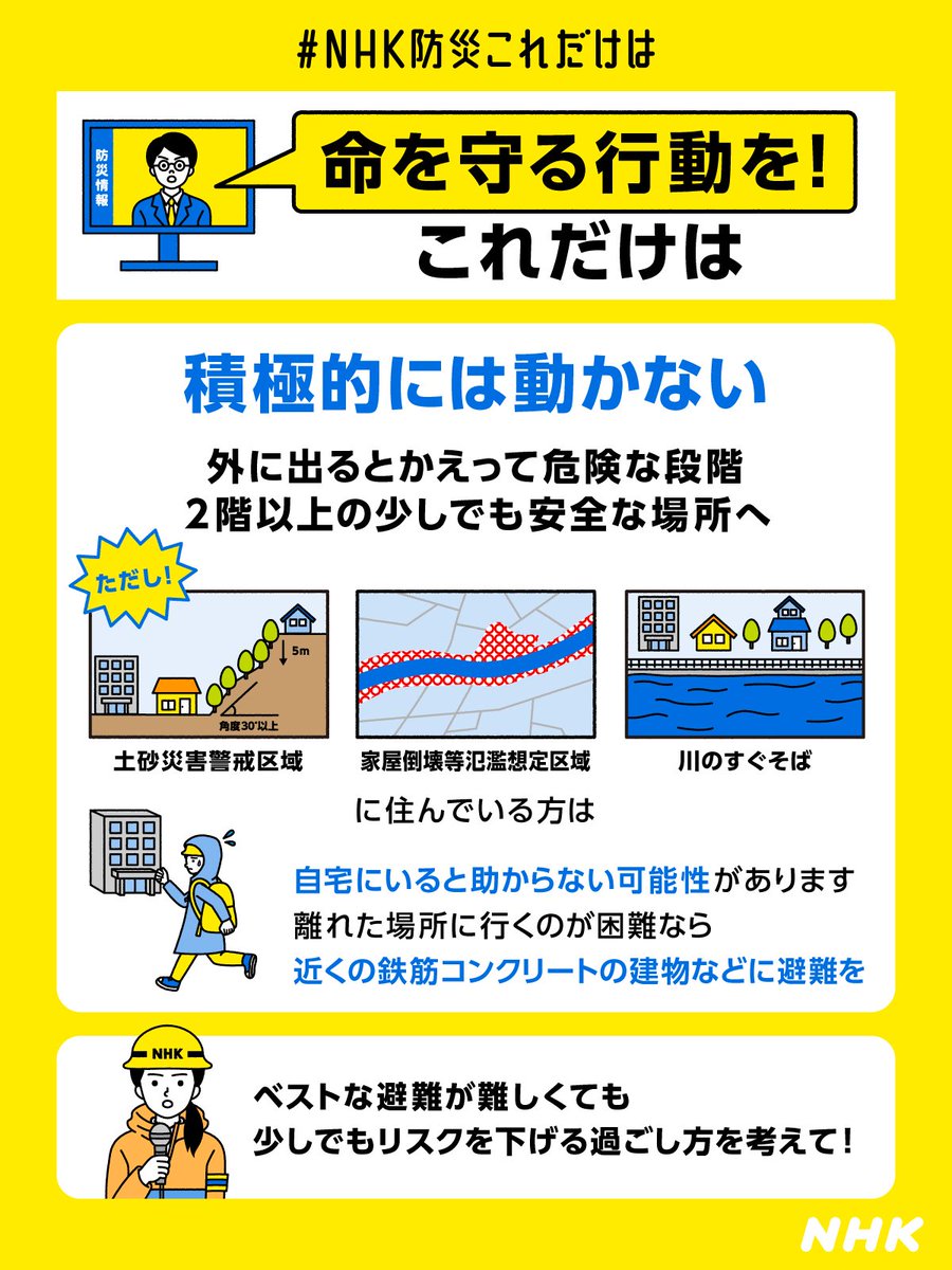 nhk_ikiruskill's tweet photo. 暗い時間帯です
川の氾濫や道路の冠水など、周囲の状況が分からない中で移動するとかえって危険な場合もあります

近くの建物のできるだけ高い上で安全を確保してください
少しでも命が助かる可能性が高い行動をお願いします
https://t.co/VmDkZ05YKi https://t.co/pAIYxOnXcF