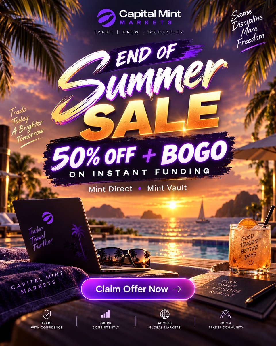 CapitalMintMkt's tweet photo. End of Summer Sale is here. 🌅⚡

Get 50% OFF + BOGO on Instant Funding with Mint Direct and Mint Vault.

Same discipline. More freedom. More room to start your next challenge with Capital Mint Markets.

Claim the offer before the season closes - https://t.co/gT68rgW95l

#capitalmintmarkets