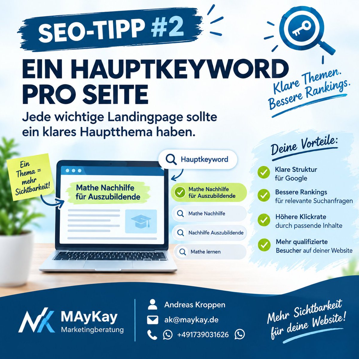 MAyKayMarketing's tweet photo. 2️⃣ Ein Hauptkeyword pro Seite

Jede wichtige Landingpage sollte ein klares Hauptthema haben.

#keywords #seotips #sichtbarkeit #visibility #onpageoptimization #domain #homepage https://t.co/qoONwt3BTw