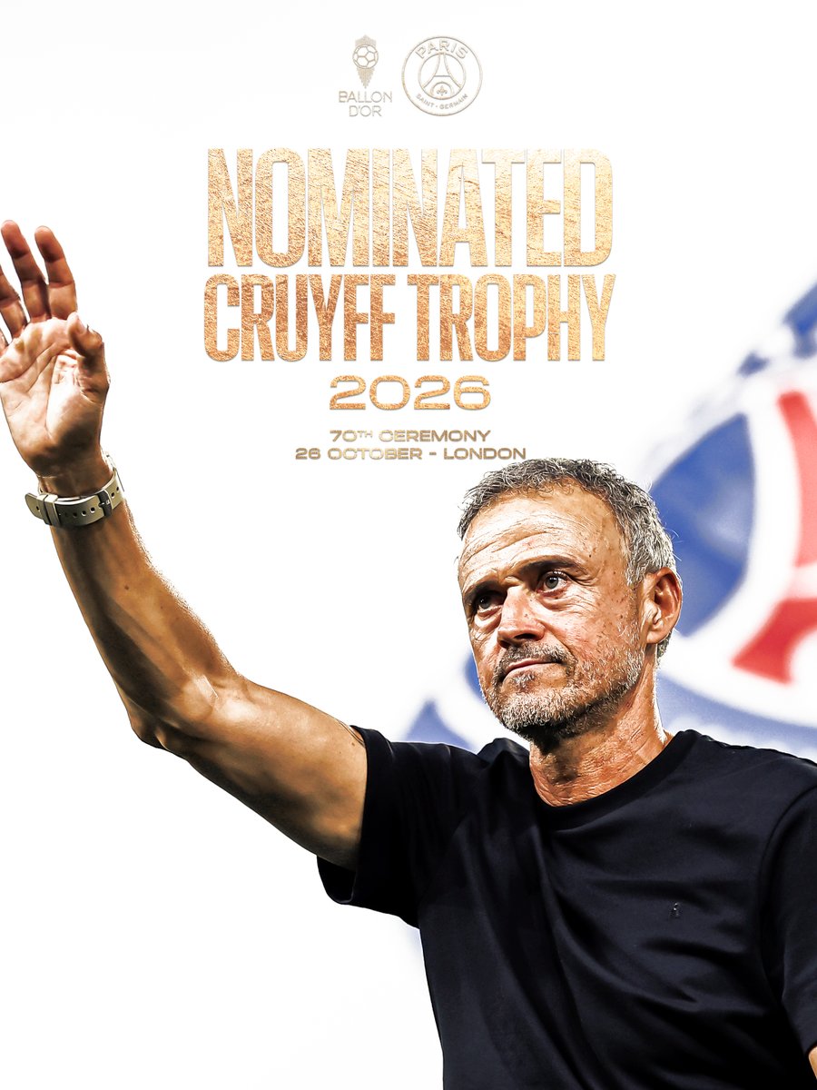 PSG_inside's tweet photo. Luis Enrique est nominé pour le trophée d'entraîneur de l'année à l'occasion de la 70e cérémonie du @ballondor. 🏆❤️💙 https://t.co/NptnFn2nF8