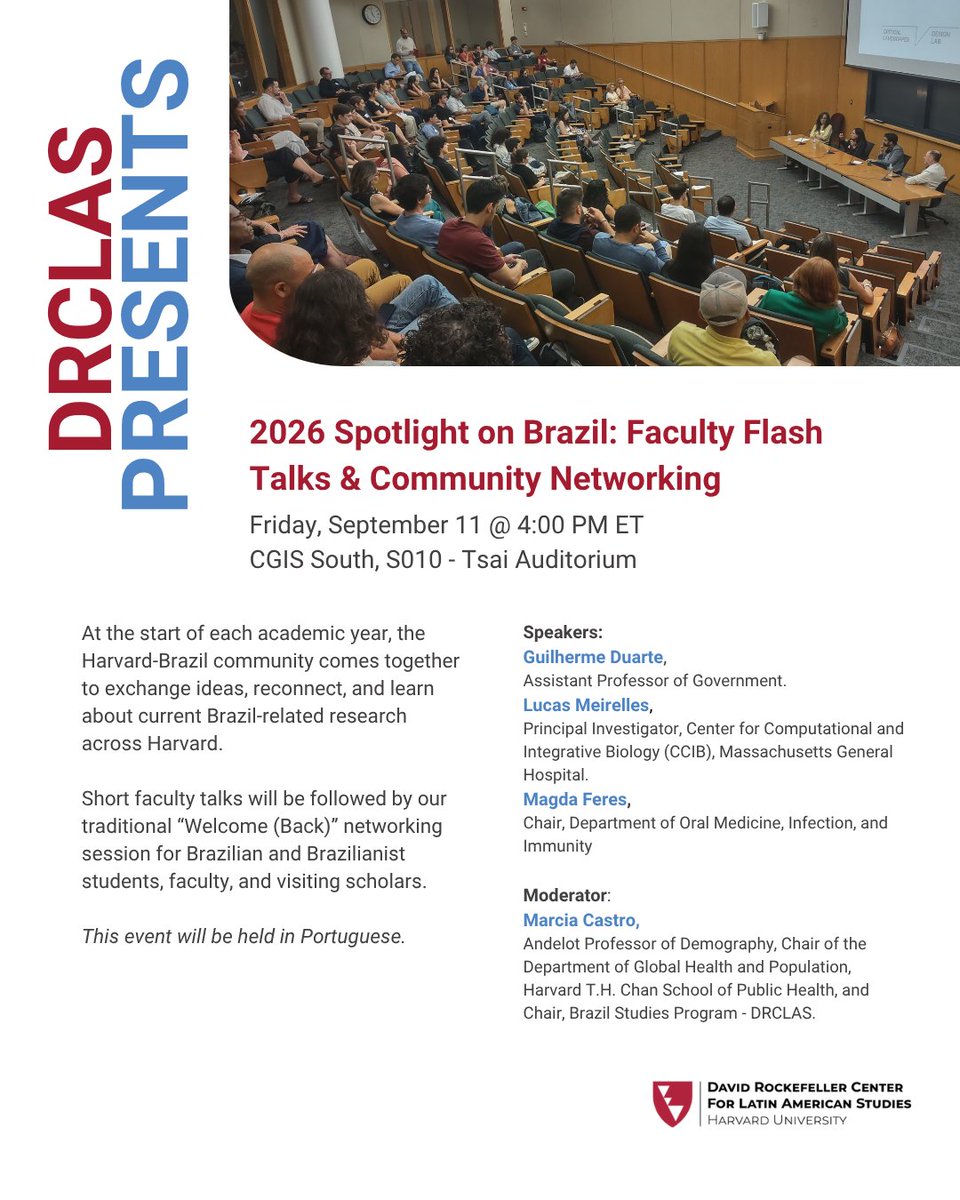 HarvardDRCLAS's tweet photo. Spotlight on Brazil returns September 11. 🇧🇷

Join @Harvard's Brazilian and Brazilianist community for an afternoon of faculty flash talks followed by networking.

�� Friday, September 11
⏰ 4:00 - 6:00 p.m. ET
📍 Tsai Auditorium (CGIS South)

https://t.co/uJgwOsYvJP https://t.co/0aA0759S48