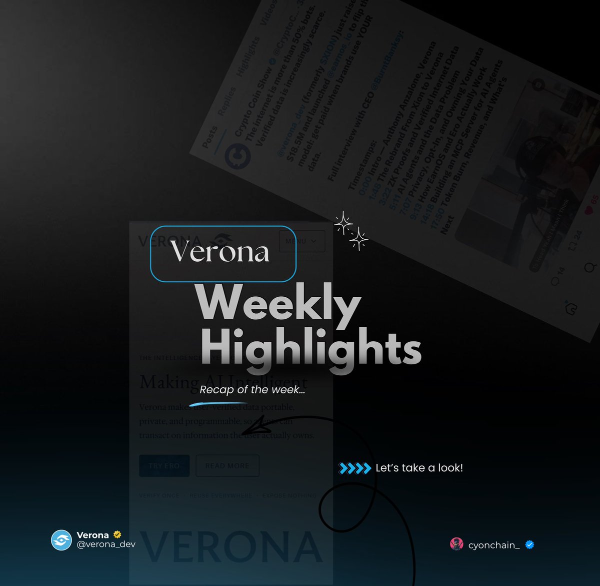 cyonchain_'s tweet photo. This past week wasn’t a slow one for @verona_dev. A couple things dropped that are worth catching up on. 

ICYMI, here’s the rundown - 

→ The US Open campaign brought a more consumer-facing side of the ecosystem into focus, giving users a simple way to interact with Verona through a live campaign built around the tournament. 

→ On the community side, the @verona_comm had a Space with @TextSmoothly, giving the team an opportunity to talk through its work around verified communicators and AI agents trained around human communication.

→ There was also an interesting addition on the builder side. The Global Impact Accelerator (GIA) is bringing early teams working on blockchain solutions for real-world problems into the Verona ecosystem.

→ Then came @De1_ai × @verona_dev 

De¹ is working on infrastructure for AI & DeFi, while Verona provides technology for verifying information without exposing the data behind it. Bringing those pieces together gives financial agents a better basis for making decisions before they interact with markets or move assets.

→ And Verona also passed 3M+ Verified Data Points this past week.

That number represents verified information processed through the network, covering things that can be checked against their original sources and turned into reusable proofs.

that covers it for this week. things are moving fast with Verona, more updates soon!