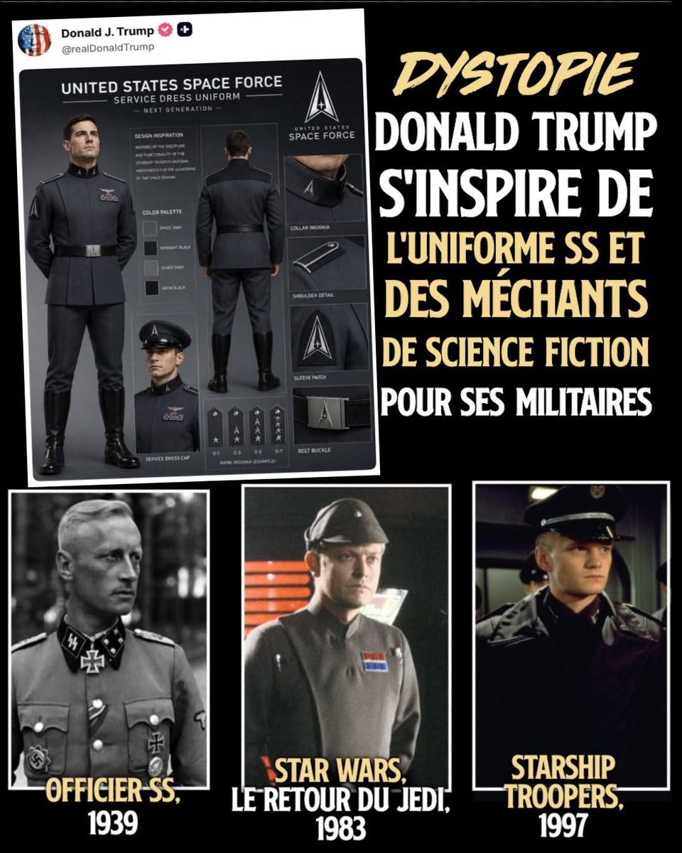 Dans les tenues proposées par l'IA de Trump, tout est fait pour rappeler l'esthétique nazie, et en particulier le célèbre uniforme SS.