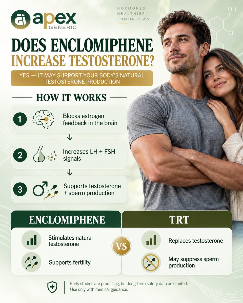 apexgeneric's tweet photo. Enclomiphene may support the body’s natural testost€rone production while helping preserve fertility. Always use it under medic@l guidance.
#MensHealth #HormoneHealth #MaleFertility #LowTestosterone #SexualWellness #WellnessEducation #ApexGeneric https://t.co/lVla2Beh0j