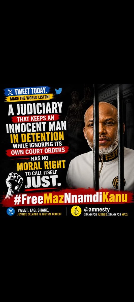 IykeObedOnuorah's tweet photo. A man detained for demanding freedom is not a criminal. He is a mirror showing the world what injustice looks like. #FreeMaziNnamdiKanu #BiafraNow @UN @AmnestyOnline

Mazi Nnamdi Kanu has spent years in detention for a "crime" no court can properly define. Silence is complicity. #FreeMaziNnamdiKanu @HumanRightsWatch @UN

You cannot cage an idea. You can only delay its arrival. FREE MAZI NNAMDI KANU. #XTuesday #FreeMaziNnamdiKanu @amnesty

A quashed charge does not disappear because a government wants it to. The law was bent to keep one man in chains. #FreeMaziNnamdiKanu @ICC_CPI @UNHumanRights

Every day Mazi Nnamdi Kanu remains detained is a day Nigeria's justice system stands on trial too. #FreeMaziNnamdiKanu #XTuesday @AmnestyNigeria

He asked for nothing but self-determination for his people. That should never be a crime anywhere in the free world. #FreeMaziNnamdiKanu @UN_HRC

Abducted from Kenya. Tried under contested law. Still standing. Mazi Nnamdi Kanu's resilience should shame his captors. #FreeMaziNnamdiKanu @amnesty @HRW

If Nigeria has nothing to hide, let Mazi Nnamdi Kanu's trial be fully transparent, fully fair, and fully public. #FreeMaziNnamdiKanu @NigeriaGov

Millions of Biafrans are still waiting for one word: FREEDOM. Say his name today. Mazi Nnamdi Kanu. #FreeMaziNnamdiKanu #XTuesday

A government that fears one man's voice this much has already told you how powerful that voice is. #FreeMaziNnamdiKanu @UN @amnesty

Justice delayed for Mazi Nnamdi Kanu is justice denied to every Biafran still hoping for a homeland. #FreeMaziNnamdiKanu #BiafraNow

The world watched Nelson Mandela's imprisonment become a global cause. Mazi Nnamdi Kanu's should be no different. #FreeMaziNnamdiKanu @UN_HRC @amnesty

Detained. Denied. Determined. Mazi Nnamdi Kanu has not broken, and neither will we. #FreeMaziNnamdiKanu #XTuesday

No lawful basis. No fair trial. No excuse. FREE MAZI NNAMDI KANU NOW. #FreeMaziNnamdiKanu @ICC_CPI @HumanRightsWatch

Today we speak. Tomorrow we speak louder. Until Mazi Nnamdi Kanu walks free, this voice does not rest. #FreeMaziNnamdiKanu #BiafraNow #XTuesday