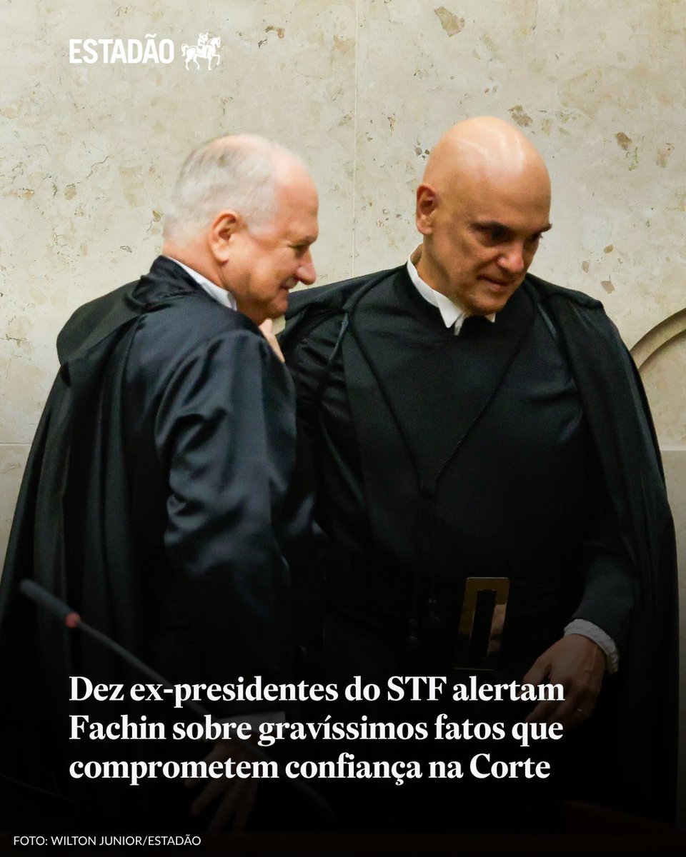 Estadao's tweet photo. CRISE NO SUPREMO | Carta divulgada sete dias após o Estadão revelar 51 mensagens de Vorcaro a Moraes pede sessão pública urgente do plenário para 'imediata e rigorosa apuração'; veja quem assinou > https://t.co/0A3VnIw847 https://t.co/7SjsFtl3ix