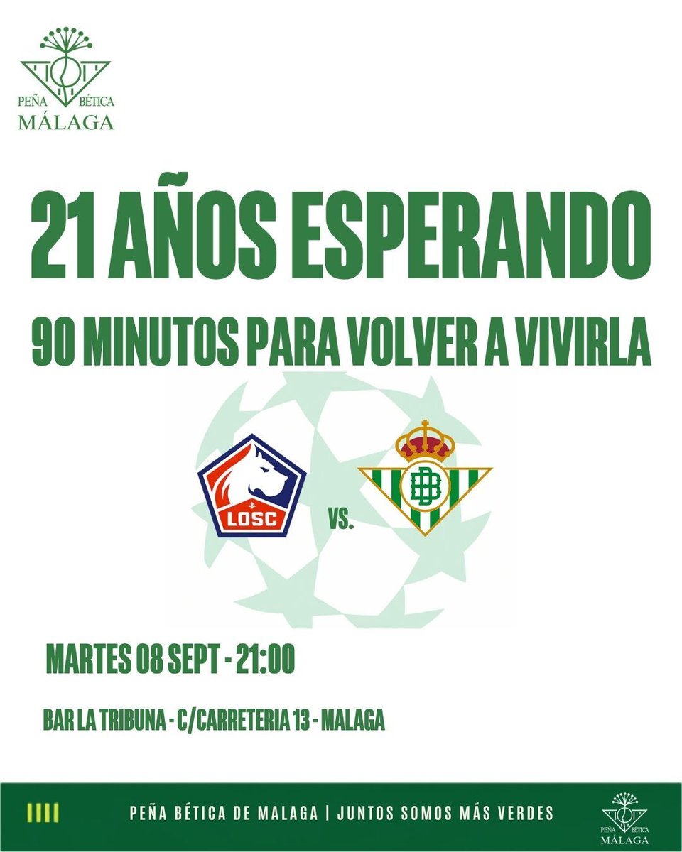 pbeticamalaga's tweet photo. 21 años después, ha llegado el momento. 💚

Mañana vuelve a sonar la música de la Champions
🇫🇷 Lille 🆚 Real Betis
🗓️ 8 de septiembre
⏰ 21:00 h

Aunque el balón ruede en Francia, el beticismo también se vivirá en Málaga.

📍 @latribunamalaga

¿Te vienes a vivirla con nosotros? https://t.co/yZixEA141u