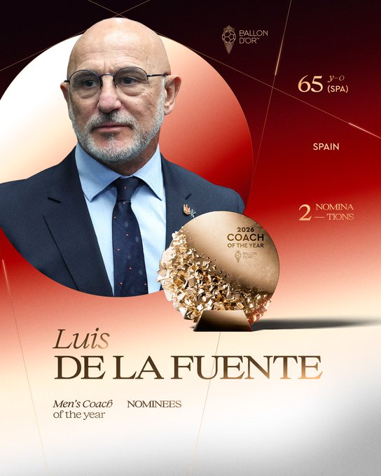 thetopcornerx's tweet photo. Luis de la Fuente, the world cup winner. The winner of the most prestigious title in the world of football, nominated as the 2026 Men's Coach of the year. https://t.co/mPI1ZNciDJ