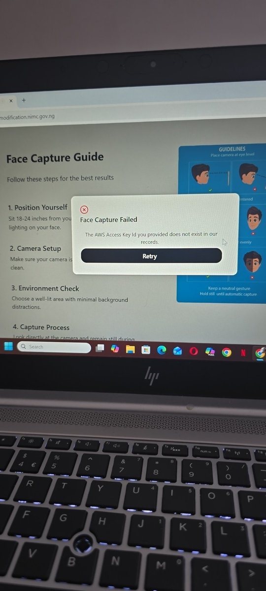 EjirieU's tweet photo. @nimc_ng @nimc_ng, I'm getting 'Face Capture Failed – AWS Access Key Id does not exist' during the face capture step of self-service NIN name modification. Looks like a system error on your end, not a user issue. Can you advise? Time-sensitive as my passport expires Feb. https://t.co/iYy5i1ALaA