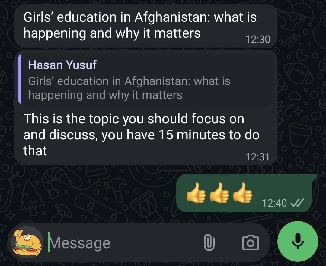 FREEWOMENAFGHAN's tweet photo. Okay so I have to write a new speech hahahhahahaah
@Hassanyusuf369 #taliban #Afghanistan #freeafghanwomenandgirls #stoptaliban #nototaliban #letherlearn #LetAfghanGirlLearn #LetAfghanGirlsLearn #freewomen #womensrights #stopchildmarriages https://t.co/TTFbSpKMiH