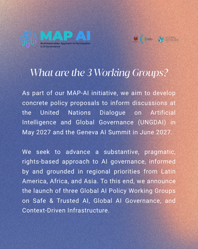 theGNI's tweet photo. As the world prepares for the next round of global AI governance convenings - the UN Global Dialogue on AI Governance &amp; the Geneva AI Summit - we're excited to launch three Working Groups to develop concrete policy proposals feeding into these processes. 🧵 (1/6) https://t.co/pu17Lv29sW